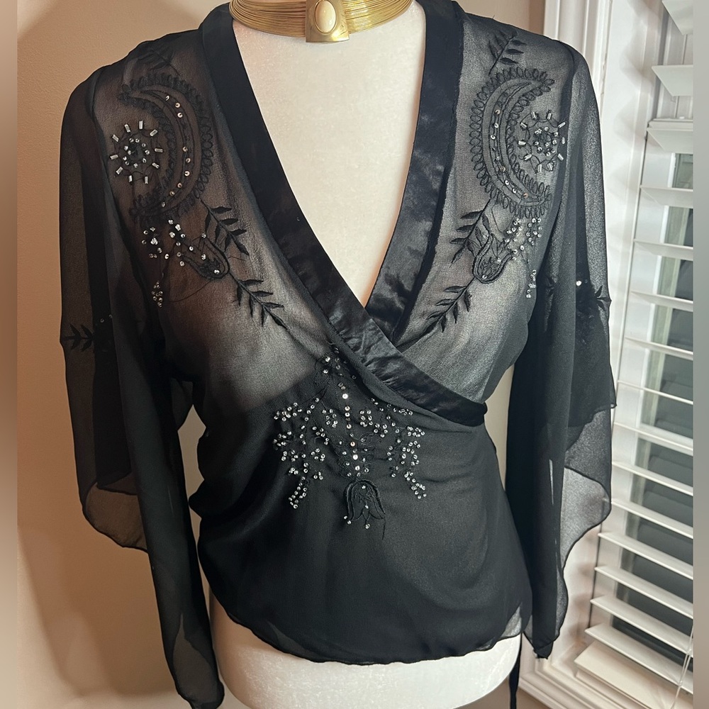 Sheer Black Beaded embroidered Wrap Top